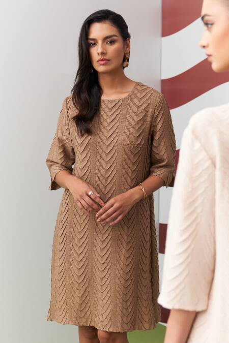 Shop_Pleats By Aruni_Beige Crepe, Satin Round Neck Avanya Dress _Online_at_Aza_Fashions