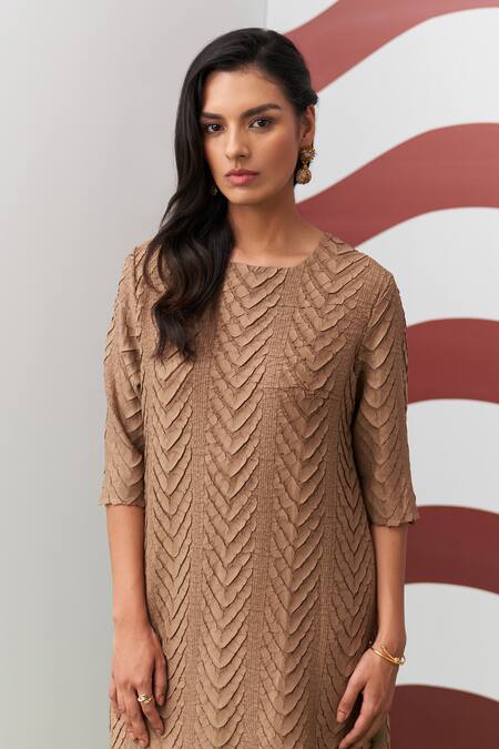 Pleats By Aruni_Beige Crepe, Satin Round Neck Avanya Dress _at_Aza_Fashions