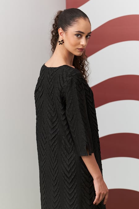 Shop_Pleats By Aruni_Black Crepe, Satin Boat Neck Avanya Pleated Dress _Online_at_Aza_Fashions