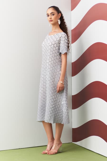 Pleats By Aruni_Gray Crepe Round Neck Grey Shinori 3d Pleated Dress _Online_at_Aza_Fashions