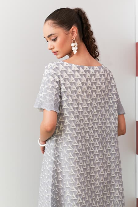 Buy_Pleats By Aruni_Gray Crepe Round Neck Grey Shinori 3d Pleated Dress _Online_at_Aza_Fashions