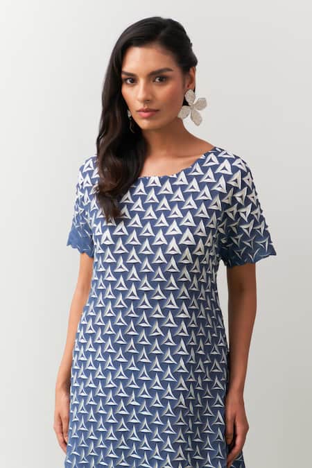 Pleats By Aruni_Blue Crepe Round Neck Shinori A-line Dress _Online_at_Aza_Fashions