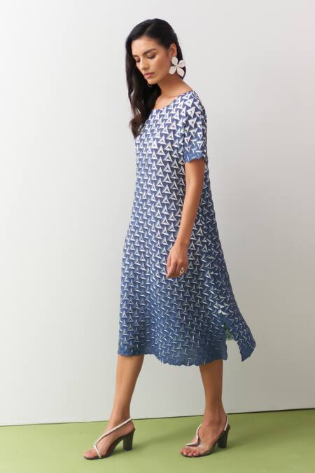 Buy_Pleats By Aruni_Blue Crepe Round Neck Shinori A-line Dress _Online_at_Aza_Fashions
