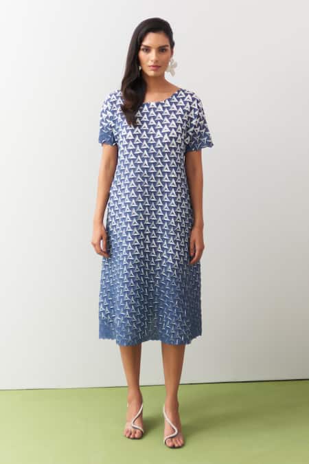 Shop_Pleats By Aruni_Blue Crepe Round Neck Shinori A-line Dress _Online_at_Aza_Fashions