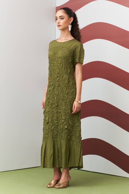 Buy_Pleats By Aruni_Green Crepe Boat Neck Napori Dress _Online_at_Aza_Fashions