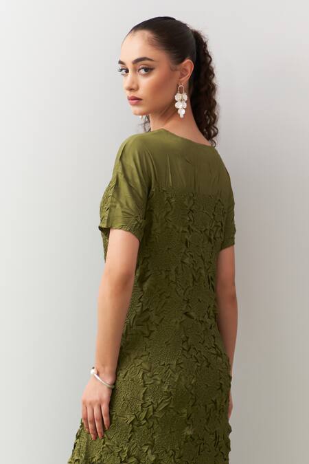 Shop_Pleats By Aruni_Green Crepe Boat Neck Napori Dress _Online_at_Aza_Fashions