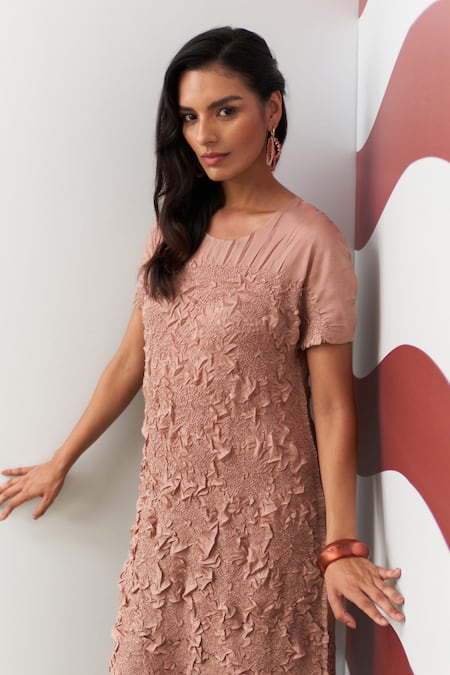 Buy_Pleats By Aruni_Peach Crepe Boat Neck Napori Dress _Online_at_Aza_Fashions