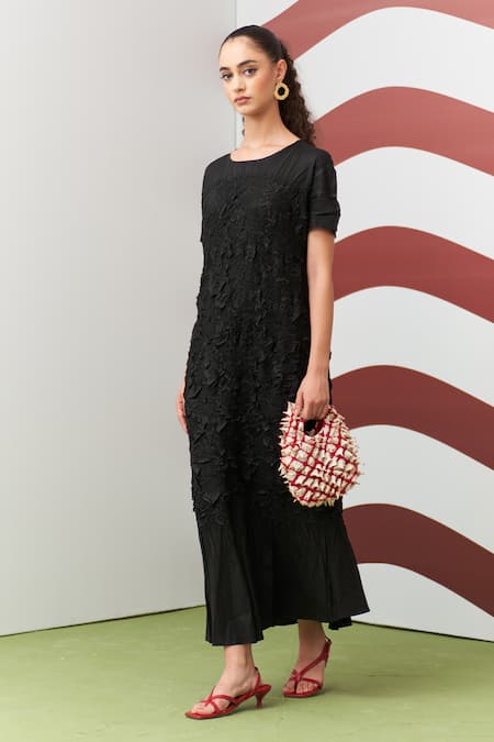 Buy_Pleats By Aruni_Black Crepe Boat Neck Napori Textured Dress _Online_at_Aza_Fashions
