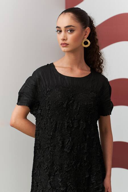 Shop_Pleats By Aruni_Black Crepe Boat Neck Napori Textured Dress _Online_at_Aza_Fashions