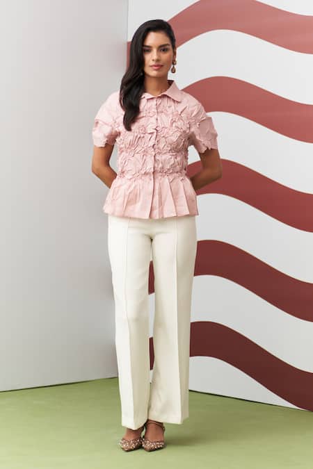 Pleats By Aruni_Pink Crepe Collared Hiro Pleated Top _Online_at_Aza_Fashions