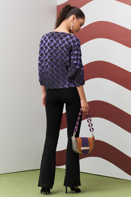 Buy_Pleats By Aruni_Purple Crepe Boat Neck Crystia Top _Online_at_Aza_Fashions