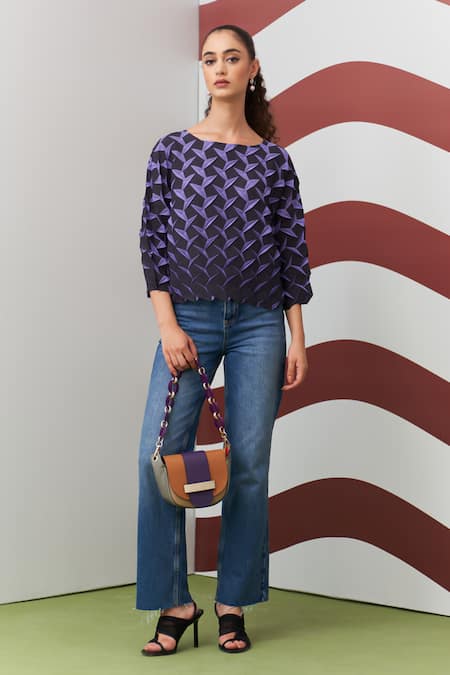 Pleats By Aruni_Purple Crepe Boat Neck Crystia Top _at_Aza_Fashions