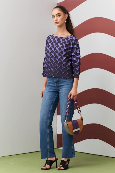 Buy_Pleats By Aruni_Purple Crepe Boat Neck Crystia Top 