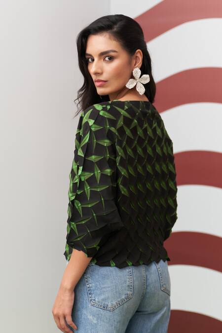 Pleats By Aruni_Green Crepe Boat Neck Crystia 3d Pleated Top _Online_at_Aza_Fashions