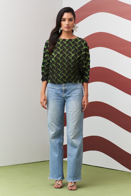 Buy_Pleats By Aruni_Green Crepe Boat Neck Crystia 3d Pleated Top _Online_at_Aza_Fashions