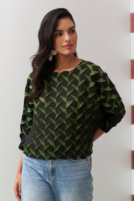 Shop_Pleats By Aruni_Green Crepe Boat Neck Crystia 3d Pleated Top _Online_at_Aza_Fashions