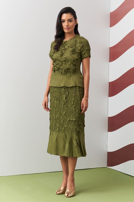 Pleats By Aruni Green Aster Ruffle Top & Skirt Set 