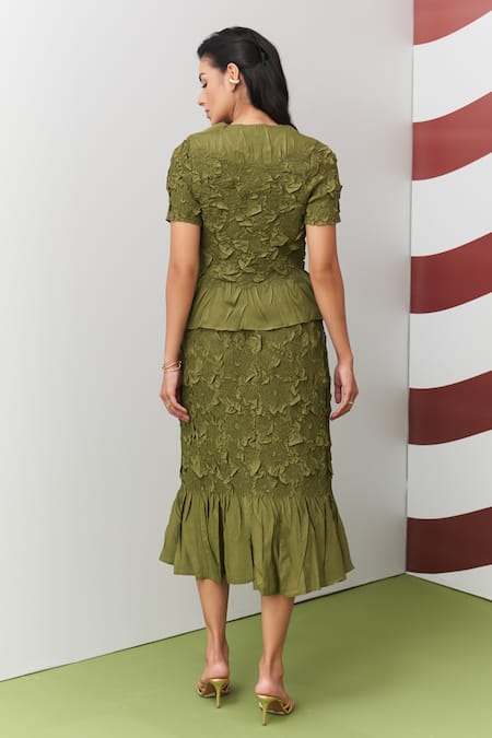 Pleats By Aruni Green Aster Ruffle Top & Skirt Set 