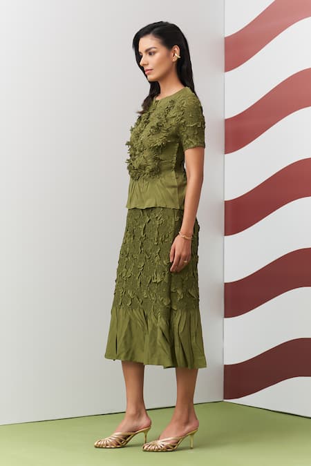 Pleats By Aruni_Green Crepe Ruffles Round Neck Aster Top And Skirt Set _Online_at_Aza_Fashions