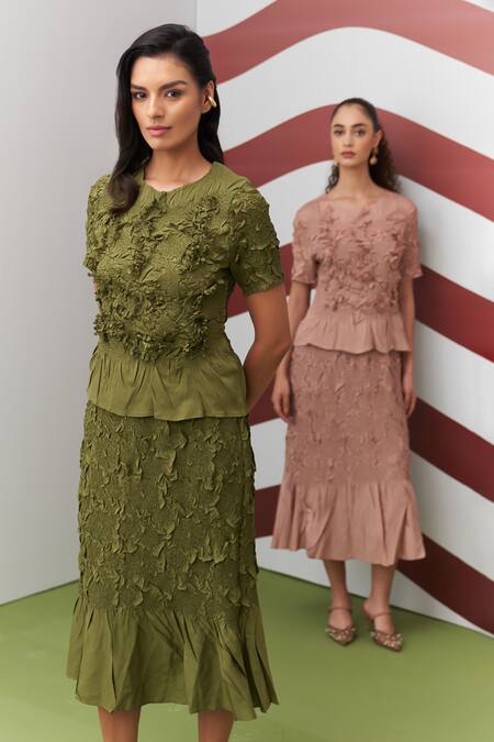 Buy_Pleats By Aruni_Green Crepe Ruffles Round Neck Aster Top And Skirt Set _Online_at_Aza_Fashions