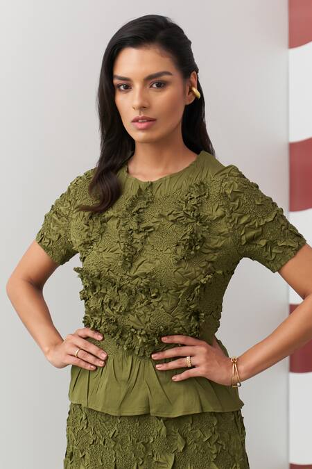 Shop_Pleats By Aruni_Green Crepe Ruffles Round Neck Aster Top And Skirt Set _Online_at_Aza_Fashions