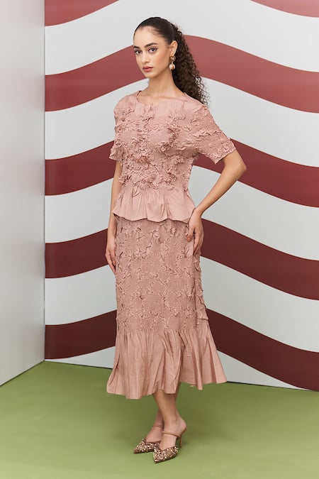 Pleats By Aruni Peach Aster Top & Skirt Set 