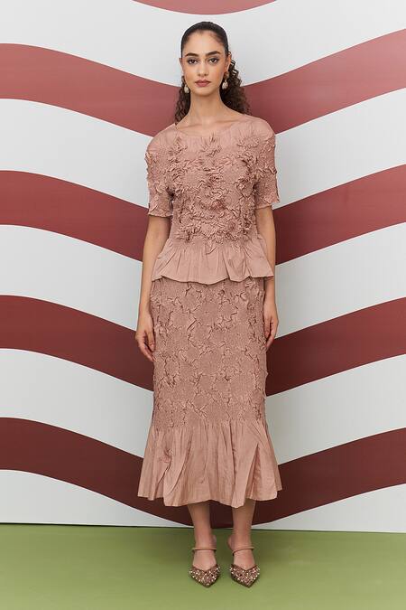 Pleats By Aruni_Peach Crepe Ruffles Round Neck Aster Top And Skirt Set _Online_at_Aza_Fashions