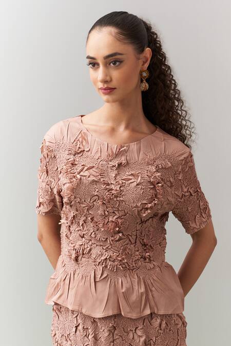 Pleats By Aruni_Peach Crepe Ruffles Round Neck Aster Top And Skirt Set _at_Aza_Fashions