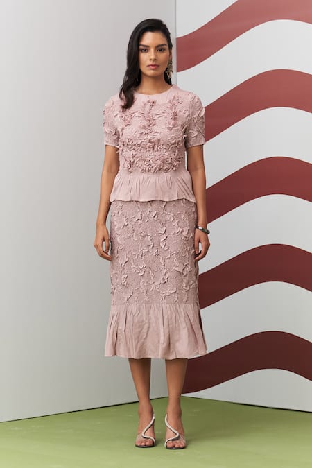 Pleats By Aruni Pink Aster Ruffle Top & Skirt Set 