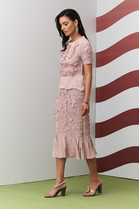 Pleats By Aruni_Pink Crepe Ruffles, Embroidery Round Neck Aster Top And Skirt Set _Online_at_Aza_Fashions