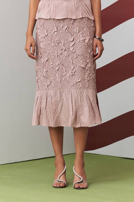 Buy_Pleats By Aruni_Pink Crepe Ruffles, Embroidery Round Neck Aster Top And Skirt Set _Online_at_Aza_Fashions
