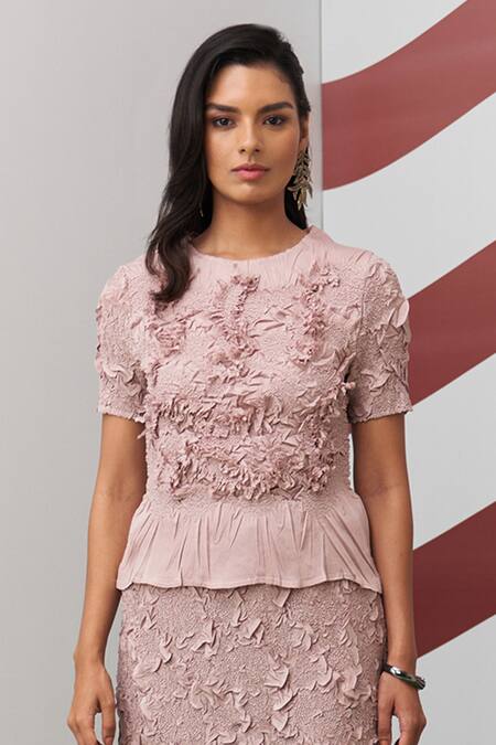 Shop_Pleats By Aruni_Pink Crepe Ruffles, Embroidery Round Neck Aster Top And Skirt Set _Online_at_Aza_Fashions