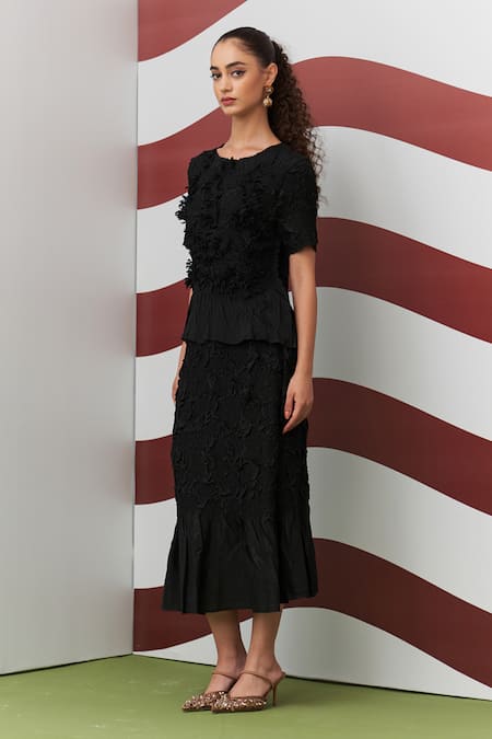 Pleats By Aruni_Black Crepe Ruffles Round Neck Aster Textured Top And Skirt Set _Online_at_Aza_Fashions