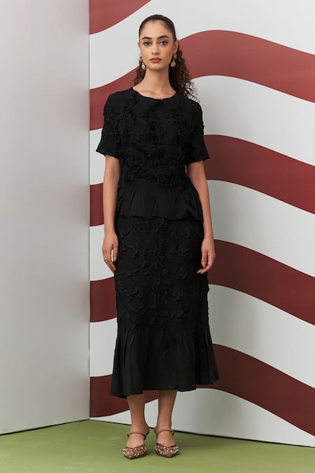 Pleats By Aruni Black Aster Textured Top & Skirt Set 