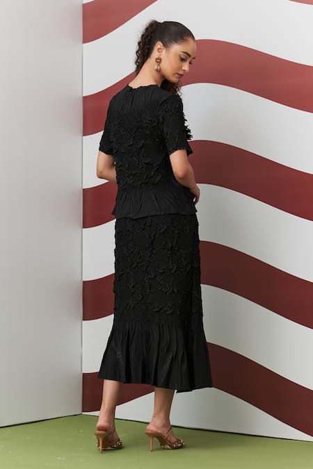 Pleats By Aruni Black Aster Textured Top & Skirt Set 