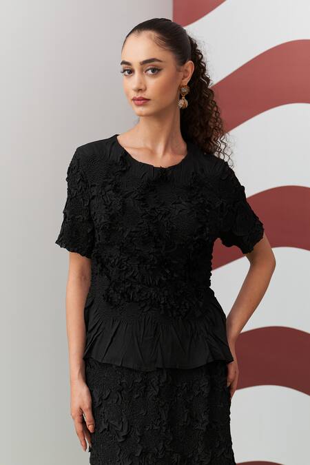 Buy_Pleats By Aruni_Black Crepe Ruffles Round Neck Aster Textured Top And Skirt Set _Online_at_Aza_Fashions