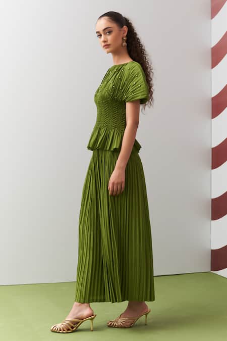 Pleats By Aruni Lime Crepe Pearls, Stones Boat Green Weava Embellished Top And Culotte Pant Set Online at Aza Fashions Pleats By Aruni_Lime Crepe Pearls, Stones Boat Green Weava Embellished Top And Culotte Pant Set _Online_at_Aza_Fashions