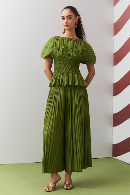 Pleats By Aruni Lime Green Weava Embellished Top & Culotte Pant Set 