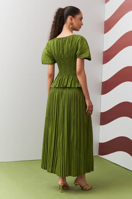 Pleats By Aruni Lime Green Weava Embellished Top & Culotte Pant Set 