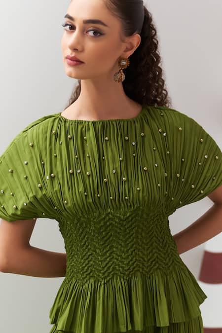 Shop Pleats By Aruni Lime Crepe Pearls, Stones Boat Green Weava Embellished Top And Culotte Pant Set Online at Aza Fashions Shop_Pleats By Aruni_Lime Crepe Pearls, Stones Boat Green Weava Embellished Top And Culotte Pant Set _Online_at_Aza_Fashions