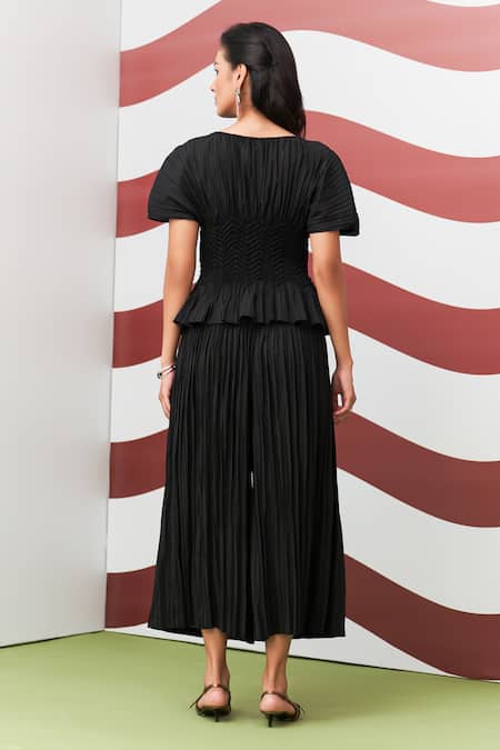 Pleats By Aruni Black Weava Crushed Top & Culotte Pant Set 