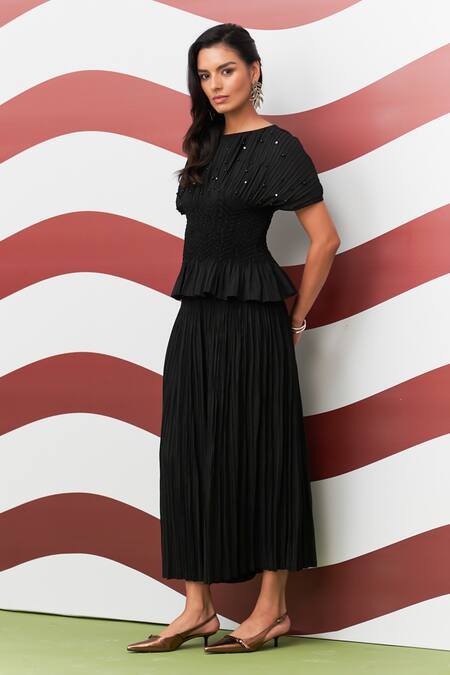 Pleats By Aruni_Black Crepe Pearls, Stones Boat Neck Weava Crushed Top And Culotte Pant Set _Online_at_Aza_Fashions