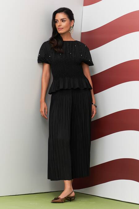 Shop_Pleats By Aruni_Black Crepe Pearls, Stones Boat Neck Weava Crushed Top And Culotte Pant Set _Online_at_Aza_Fashions