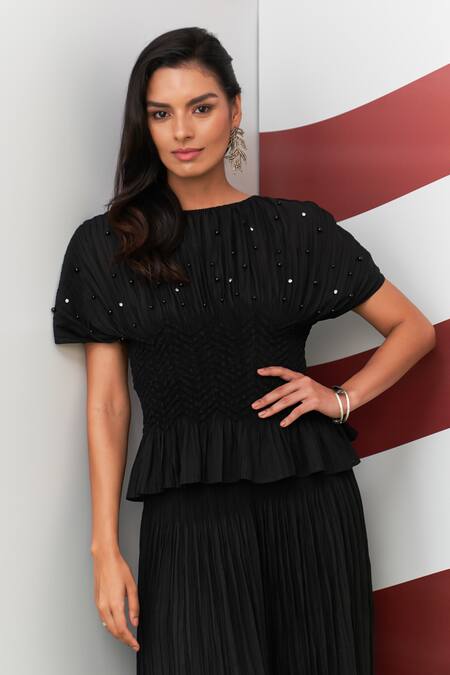 Pleats By Aruni_Black Crepe Pearls, Stones Boat Neck Weava Crushed Top And Culotte Pant Set _at_Aza_Fashions