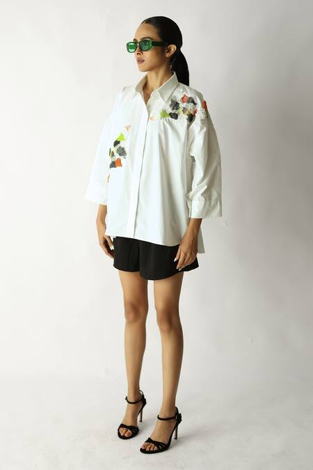 Studio Moda India_White Cotton Patchwork, Embroidery Collared The Patch Verse Shirt _Online_at_Aza_Fashions