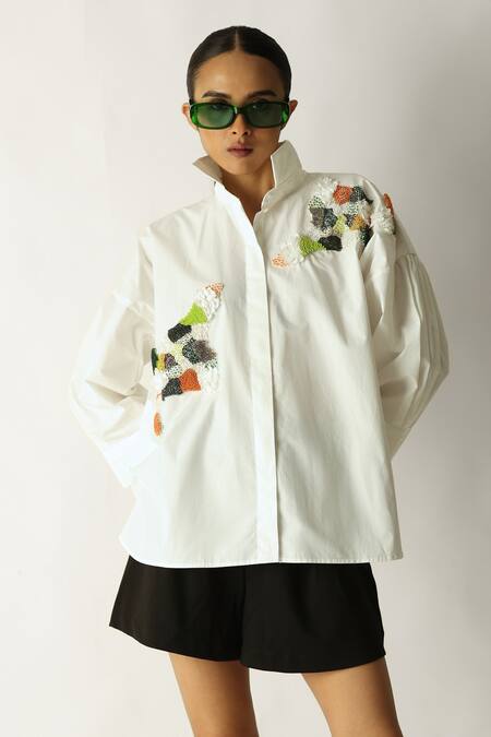 Buy_Studio Moda India_White Cotton Patchwork, Embroidery Collared The Patch Verse Shirt _Online_at_Aza_Fashions