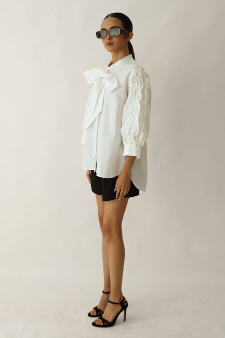 Studio Moda India_White Cotton Bows, Beads Collared The Flutter Shirt _Online_at_Aza_Fashions