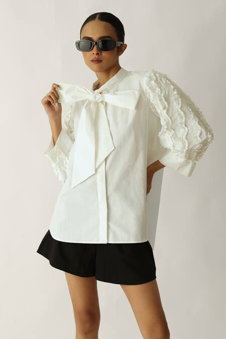Buy_Studio Moda India_White Cotton Bows, Beads Collared The Flutter Shirt _Online_at_Aza_Fashions