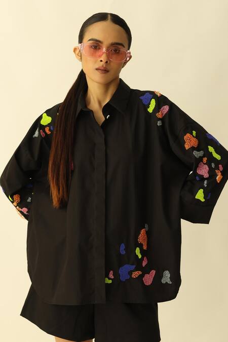 Studio Moda India_Black Cotton Beads Collared The Nebula Embroidered Shirt _Online_at_Aza_Fashions