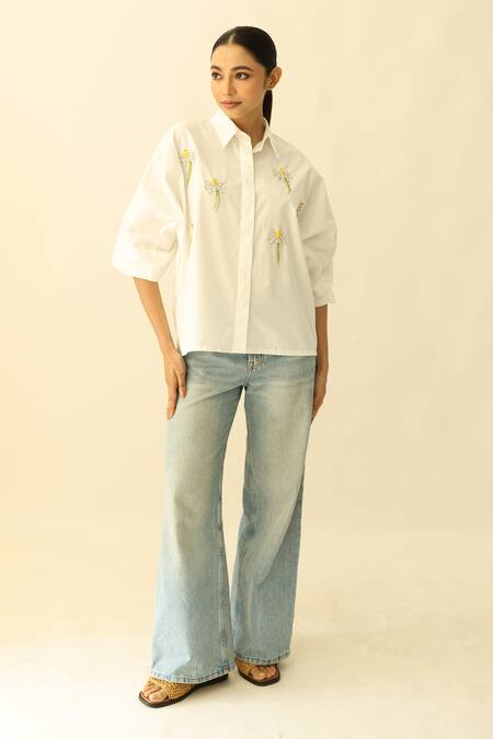 Studio Moda India_White Cotton Applique, Embroidery Collared The Bloomveil Shirt _Online_at_Aza_Fashions